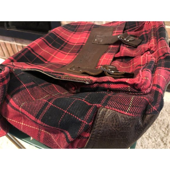 American Eagle Outfitters Red Buffalo Plaid Messenger Laptop Bag Leather Canvas - Picture 4 of 9